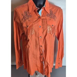 Cruel Womens Western Snap Shirt L Orange Sequins